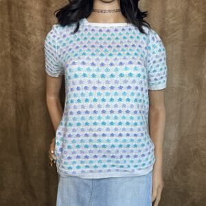 Alfred Dunner Vintage 90s Crochet Knit Short Sleeve Sweater Multicolor Womens PL
